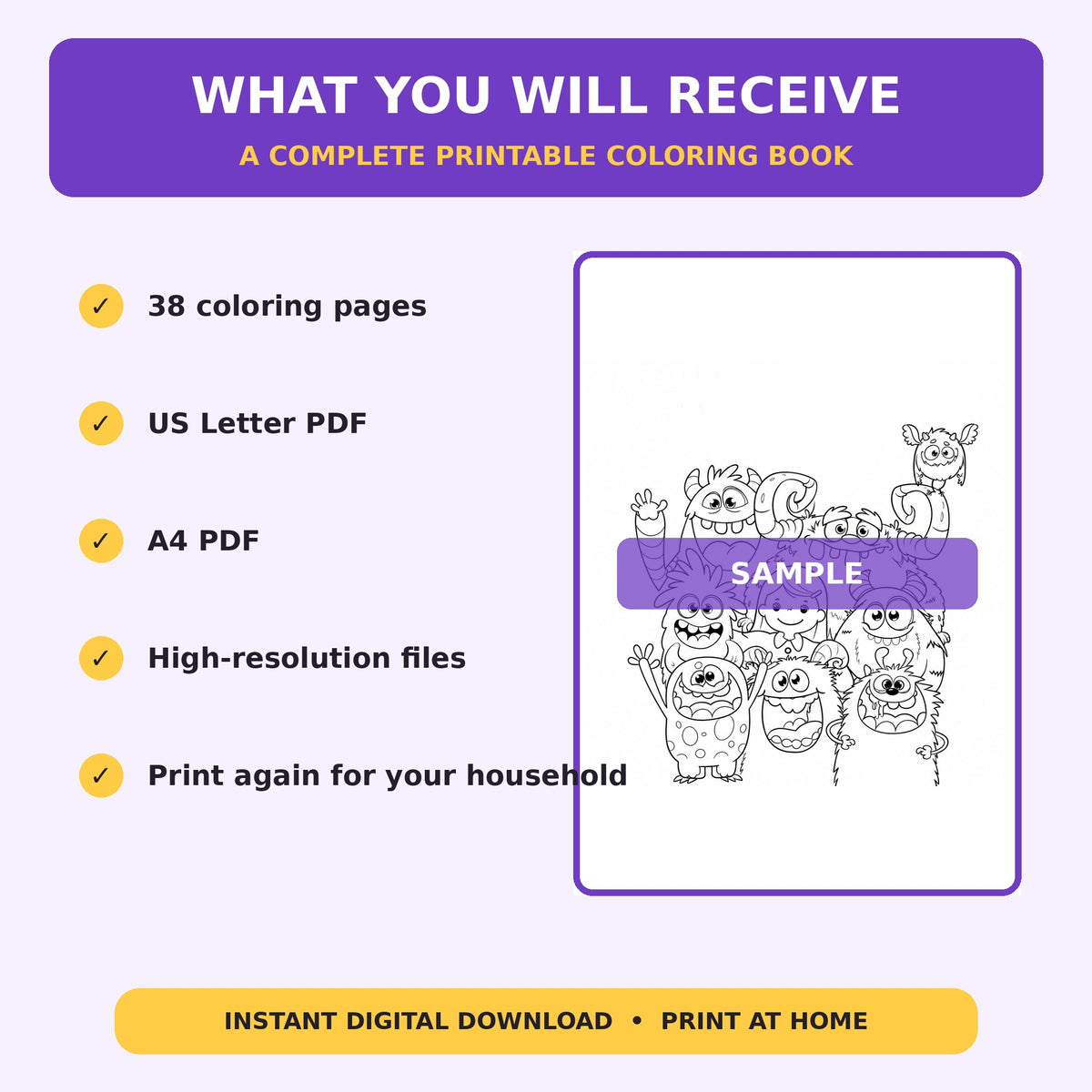 Printable Monster Coloring Book for Kids – 38 Digital Coloring Pages