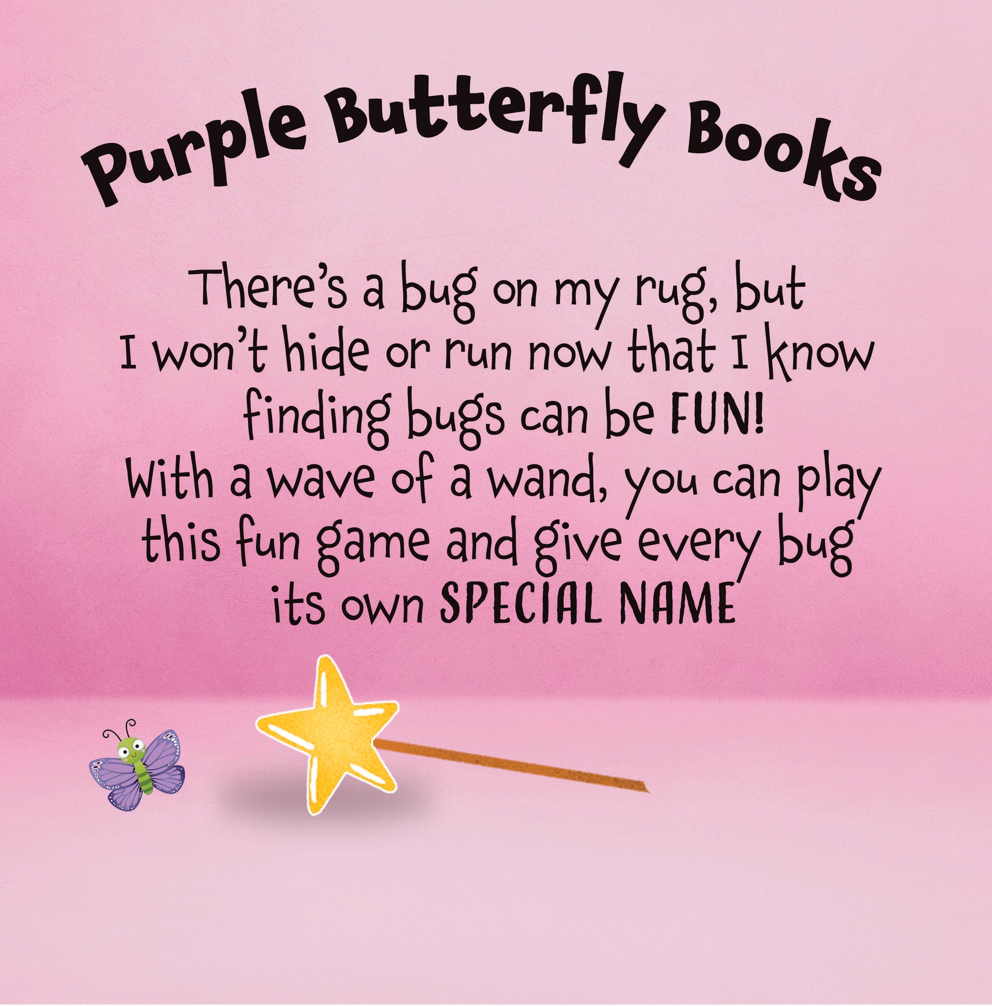 Promotional text for 'Purple Butterfly Books' on a pink background with a butterfly and wand illustration.