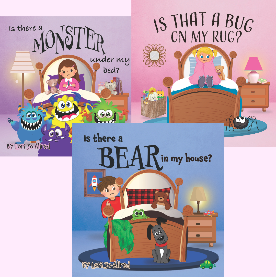 Three children's books with illustrations of children in bed and monsters or bugs, on a white background.